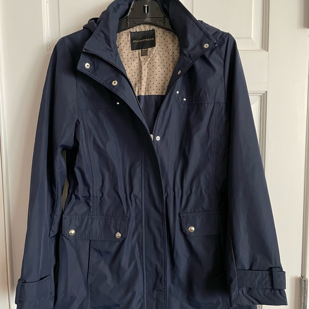 Stylish navy womens rain jacket, size medium